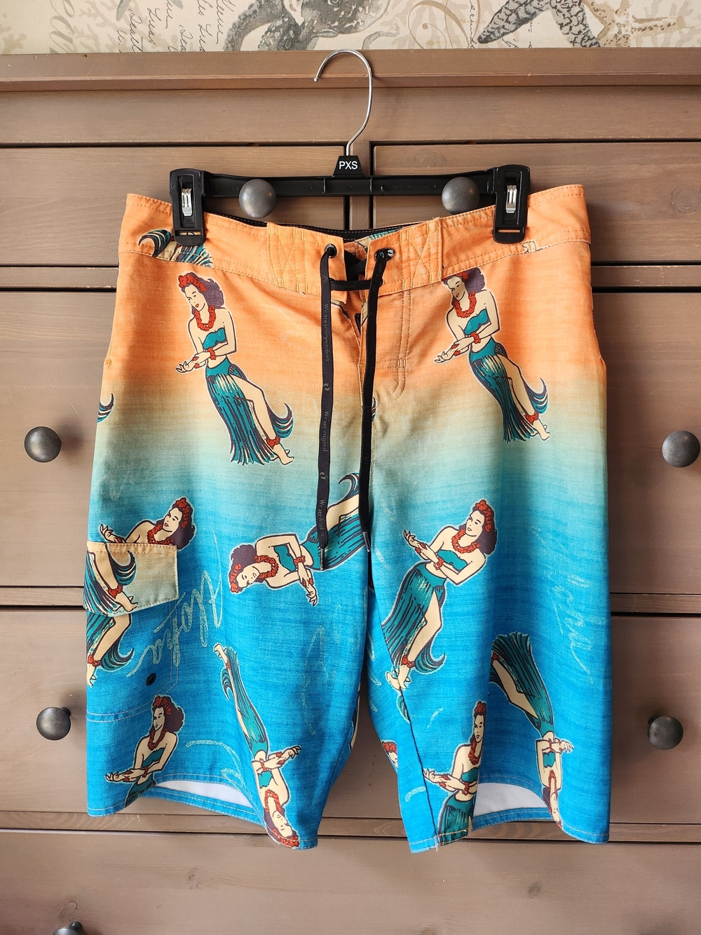 HANG TEN Vintage Hula Girl Ombre Swim Trunks - Orange & Blue